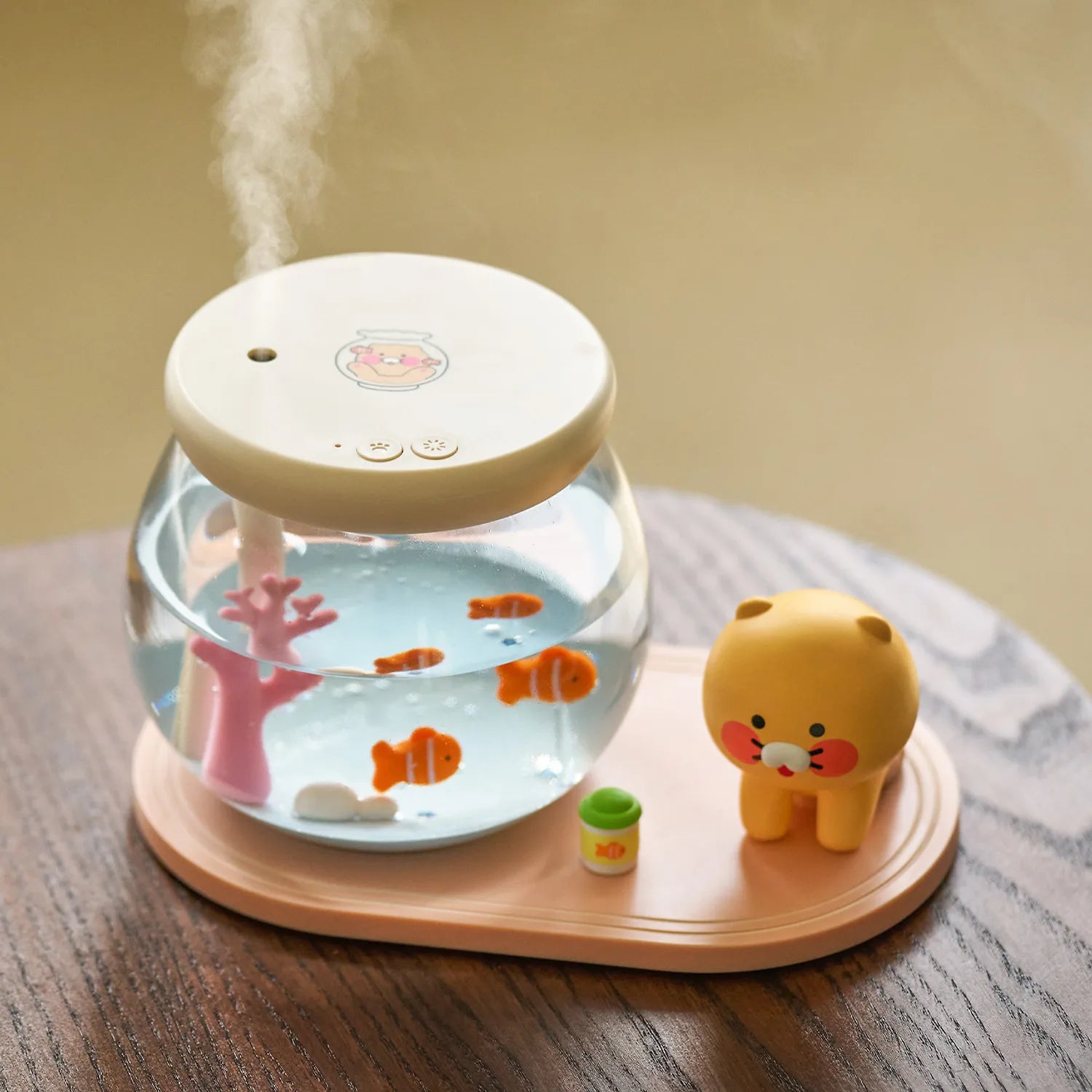 KAKAO FRIENDS  Fish Tank Humidifier Chunshik, humidificateur poisson décoratif sur base en bois, ambiance chambre
