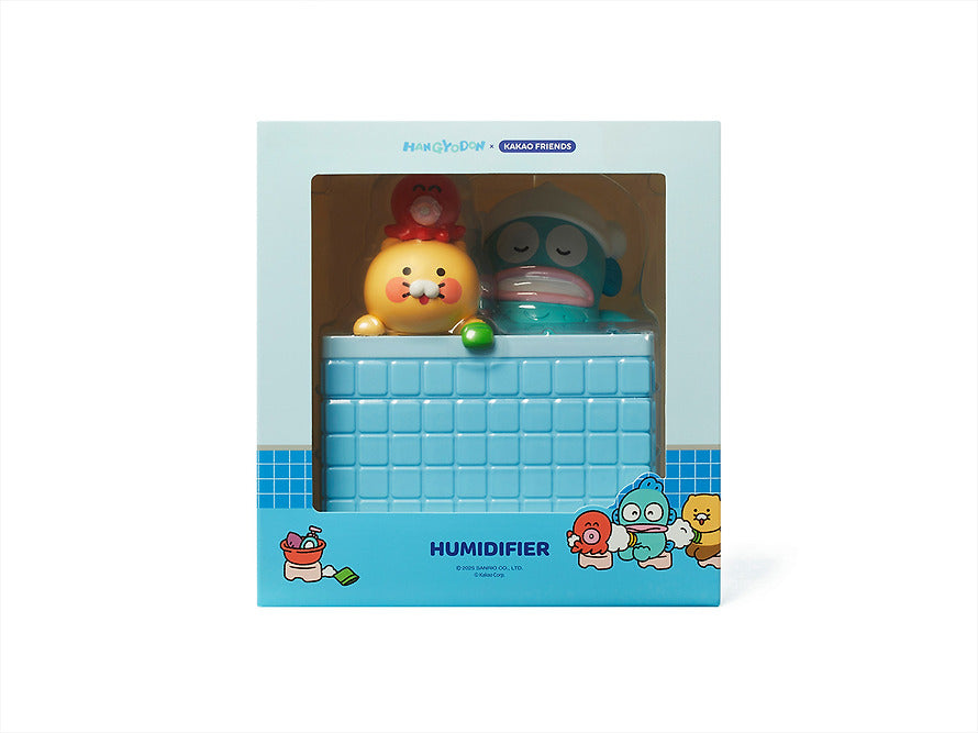 KAKAO FRIENDS  Hangyo-dong X Friends Humidifier Chunshik, humidificateur bleu en boîte, visuels personnages mignons, fond clair.