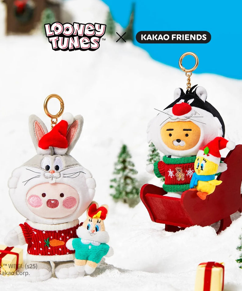 KAKAO FRIENDS  Looney Tunes X Friends Bugs Bunny Keychain Doll Little Apeach : porte-clés en peluche, décor neigeux