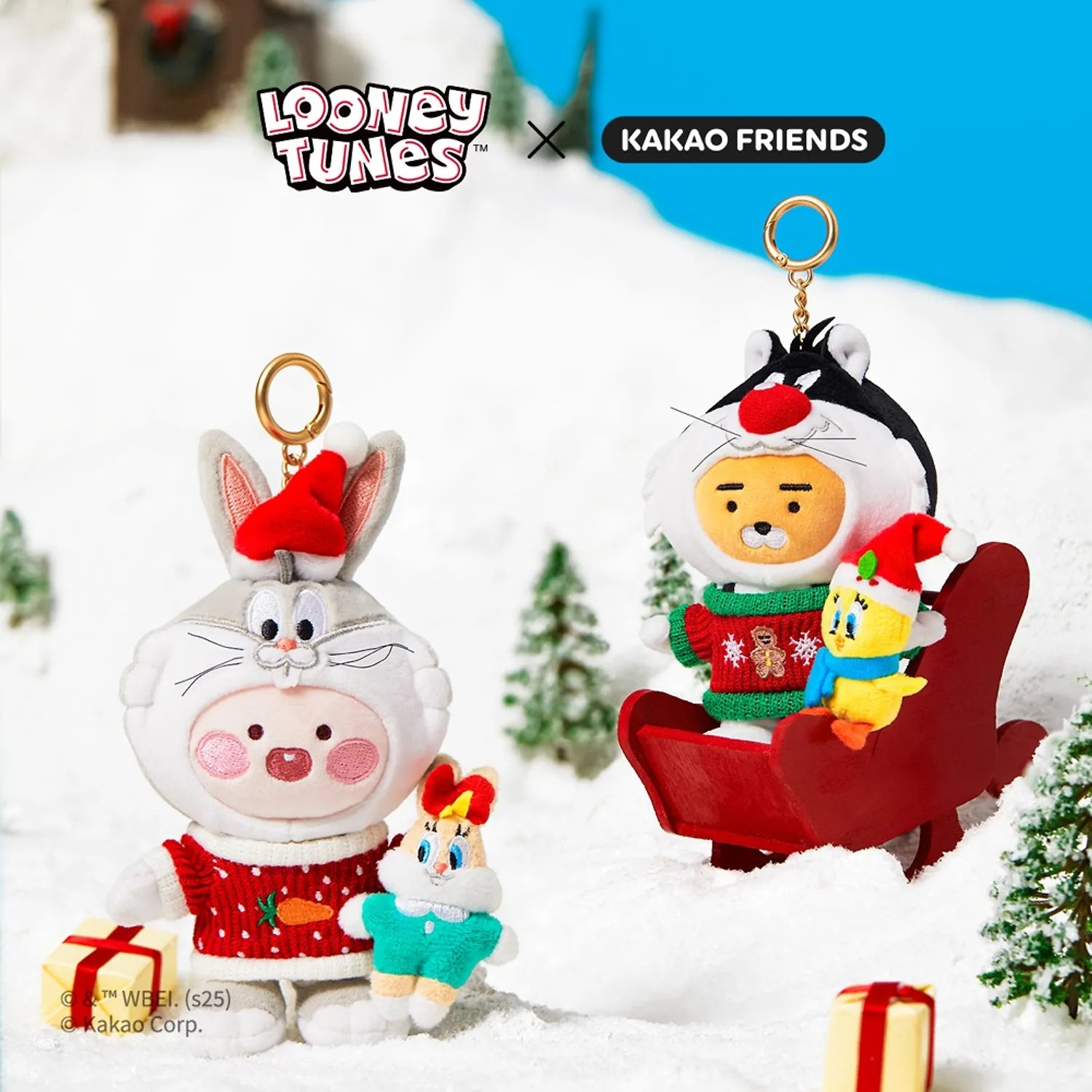 KAKAO FRIENDS  Looney Tunes X Friends Bugs Bunny Keychain Doll Little Apeach : porte-clés en peluche, décor neigeux