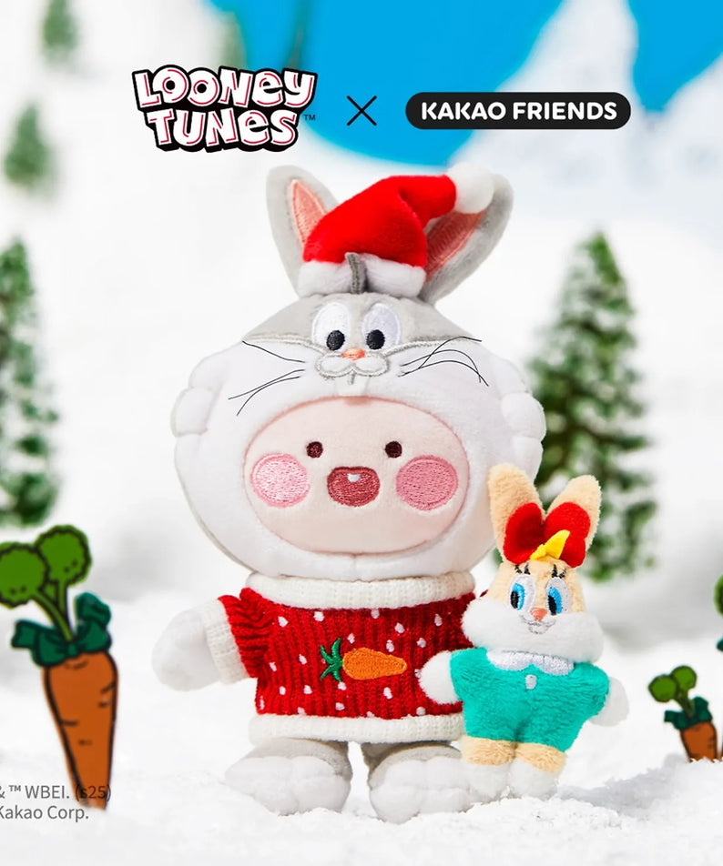 KAKAO FRIENDS  Looney Tunes X Friends Bugs Bunny Keychain Doll Little Apeach : peluche porte-clés, décor arbres, illustration.