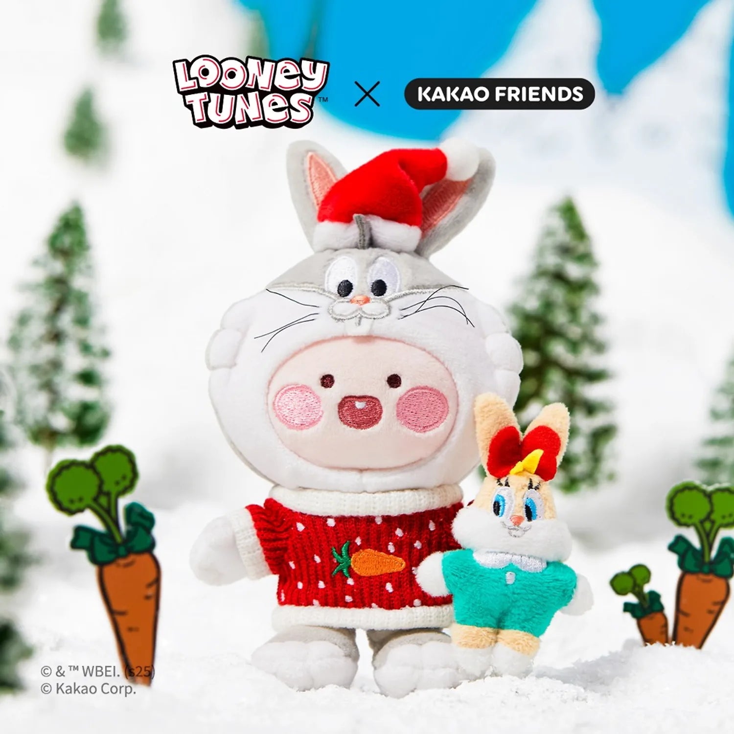 KAKAO FRIENDS  Looney Tunes X Friends Bugs Bunny Keychain Doll Little Apeach : peluche porte-clés, décor arbres, illustration.