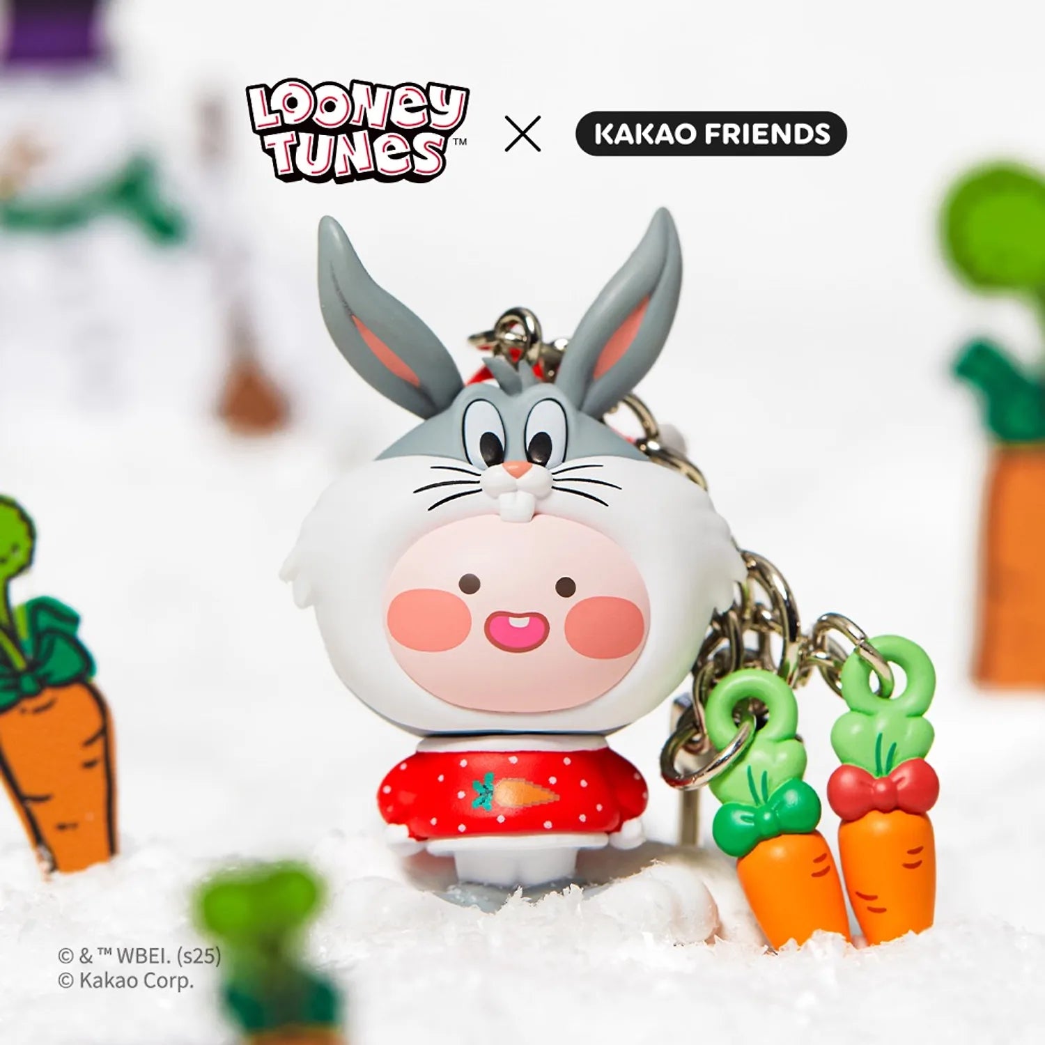KAKAO FRIENDS  Looney Tunes X Friends Carrot Bugs Bunny Figure Keychain Little Apeach : porte-clés décoratif sur fond blanc