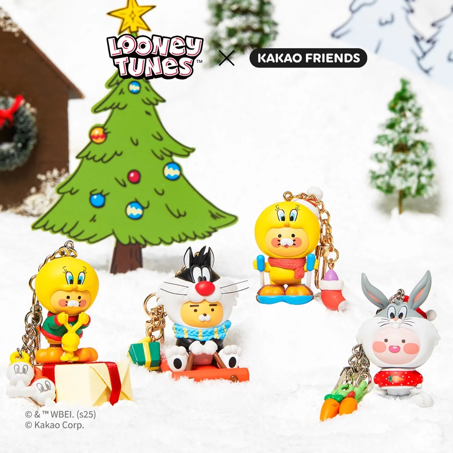 KAKAO FRIENDS  Looney Tunes X Friends Sleigh Sylvester Figure Keychain Little Ryan, porte-clés figurine neige, marque et décor.