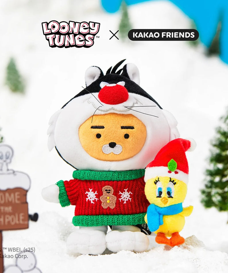 KAKAO FRIENDS  Looney Tunes X Friends Sylvester Keychain Doll Little Ryan, figurine porte-clés en peluche sur neige