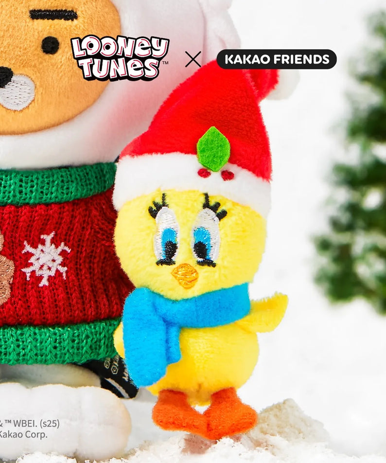 KAKAO FRIENDS  Looney Tunes X Friends Sylvester Keychain Doll Little Ryan, porte-clés peluche, bonhommes de neige décorés.