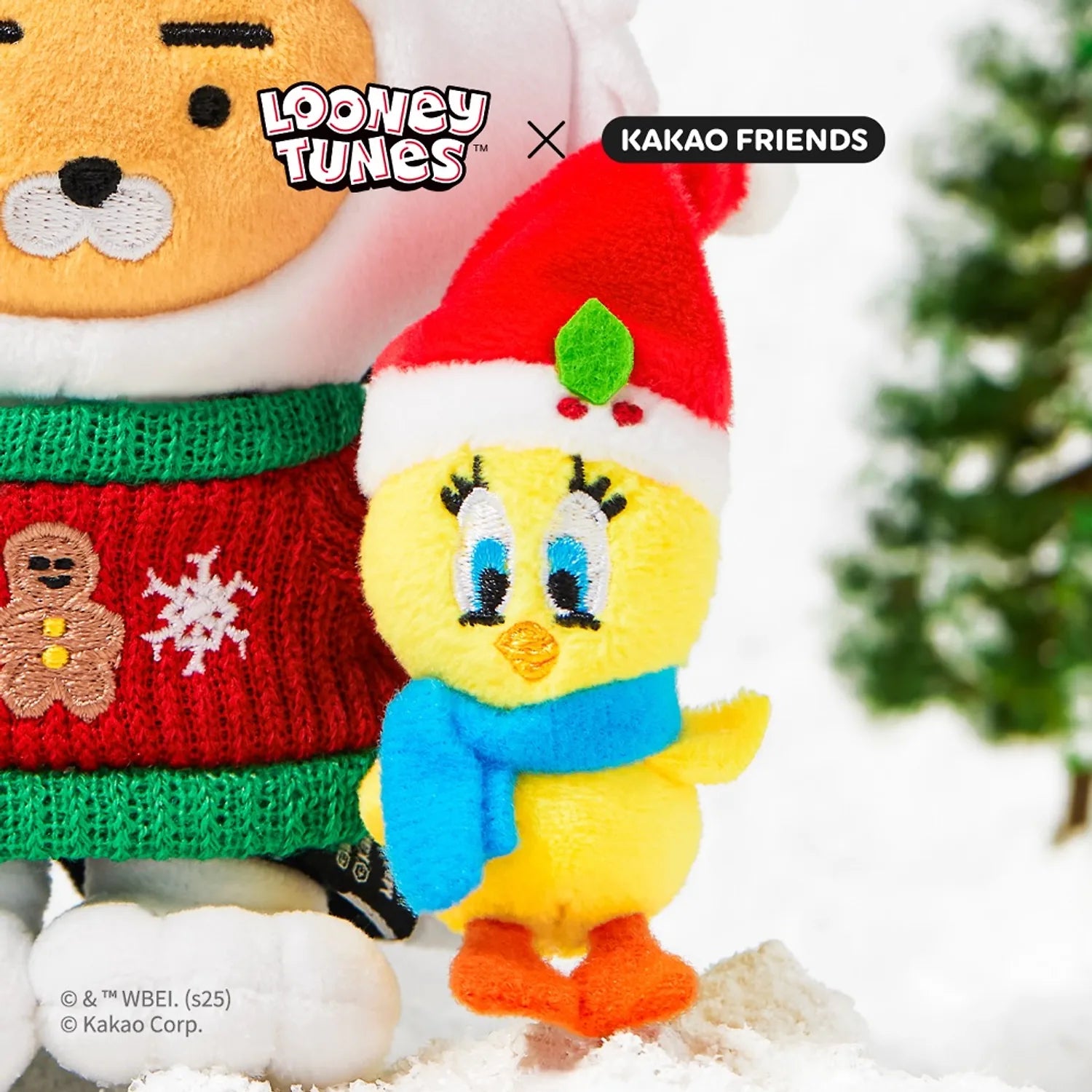KAKAO FRIENDS  Looney Tunes X Friends Sylvester Keychain Doll Little Ryan, porte-clés peluche, bonhommes de neige décorés.