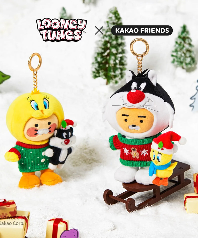 KAKAO FRIENDS  Looney Tunes X Friends Sylvester Keychain Doll Little Ryan, porte-clé en peluche sur neige