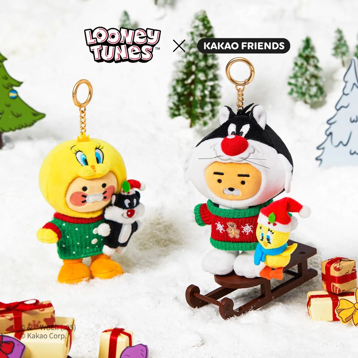 KAKAO FRIENDS  Looney Tunes X Friends Sylvester Keychain Doll Little Ryan, porte-clé en peluche sur neige