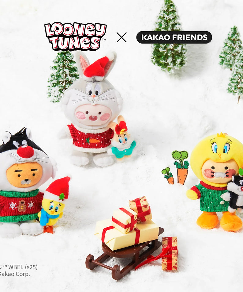 KAKAO FRIENDS  Looney Tunes X Friends Sylvester Keychain Doll Little Ryan, porte-clés en figurine dans décor enneigé