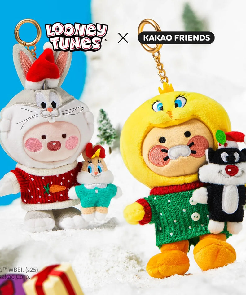 KAKAO FRIENDS  Looney Tunes X Friends Tweety Keychain Doll Baby Chunsik : porte-clés Tweety au décor neigeux