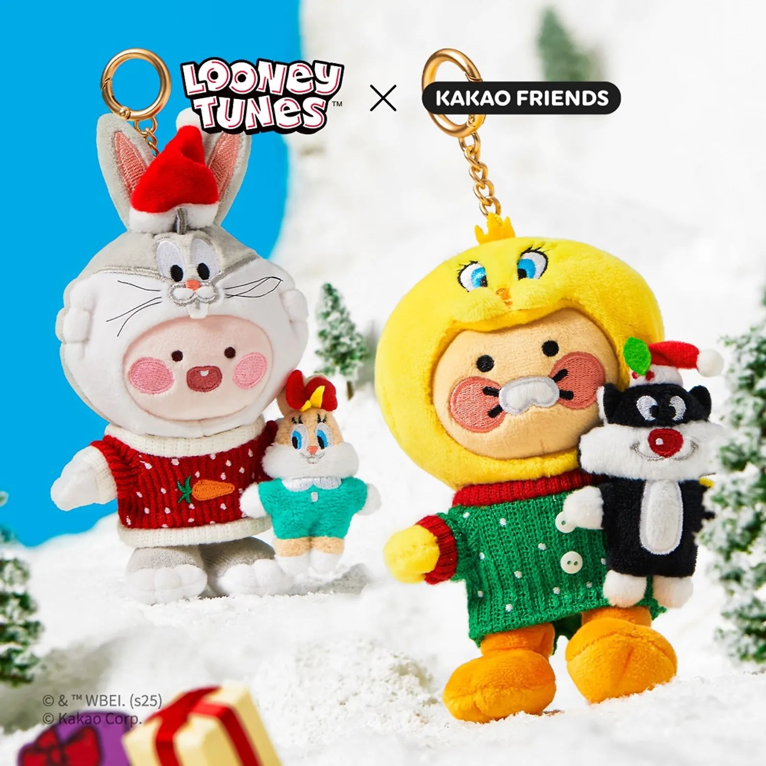 KAKAO FRIENDS  Looney Tunes X Friends Tweety Keychain Doll Baby Chunsik : porte-clés Tweety au décor neigeux