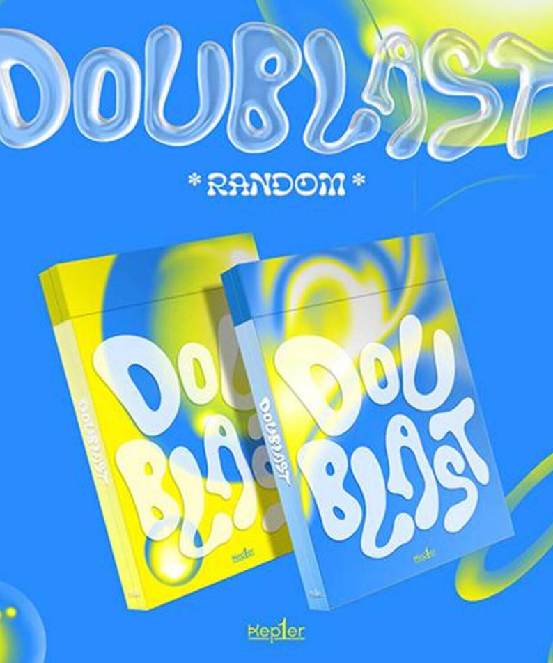 KEP1ER - [DOUBLAST](RANDOM ver.) - Album Kpop, visuel bleu avec pochettes holographiques, fan art stylisé.
