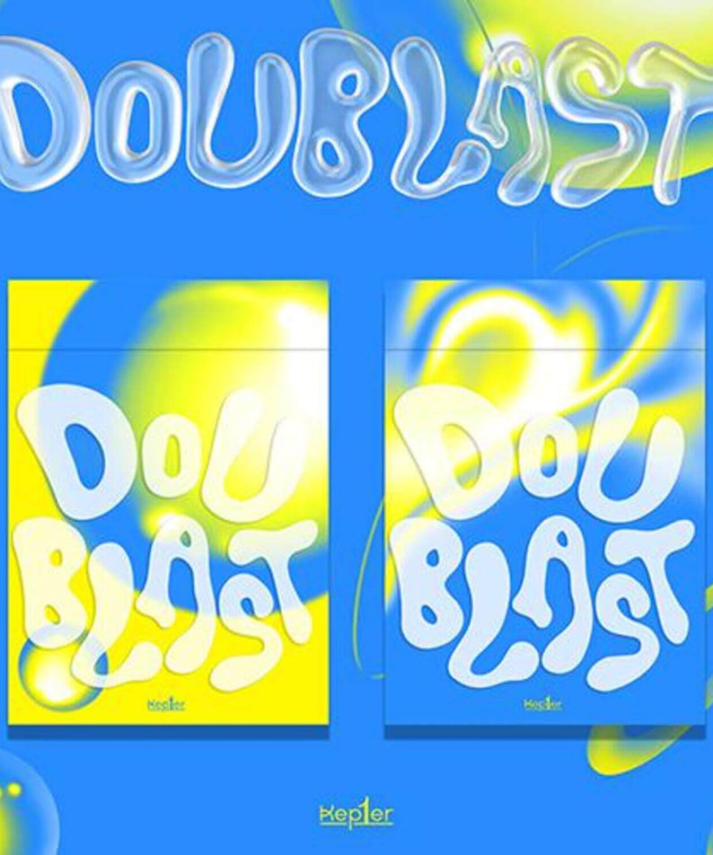 KEP1ER - [DOUBLAST](SET ver.) - Album Kpop, set DOUBLAST illustré bleu avec pochettes, marque KEP1ER, décor flashy