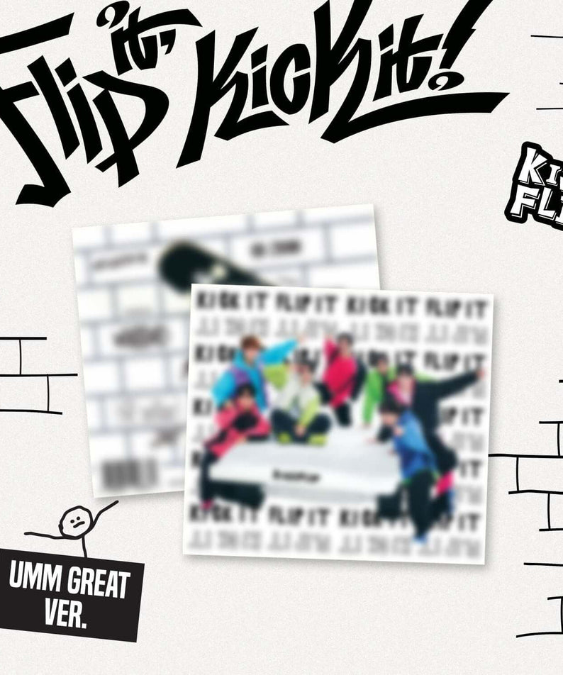 KICKFLIP - 1st Mini Album [Flip it, Kick it!] (Umm Great ver.) - Album Kpop, visuel collage avec photo et logo.