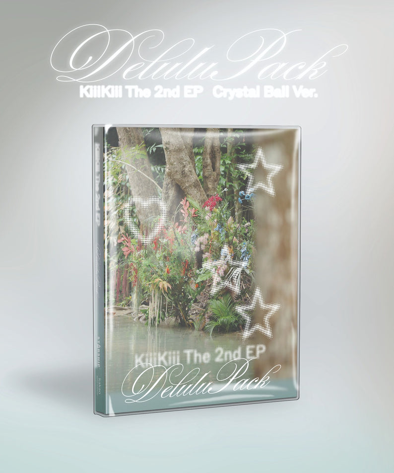 KIIIKIII - The 2nd EP [Delulu Pack] (Crystal Ball. Version) - album Kpop, visuel coffret avec ciel étoilé, marque KIIIKIII