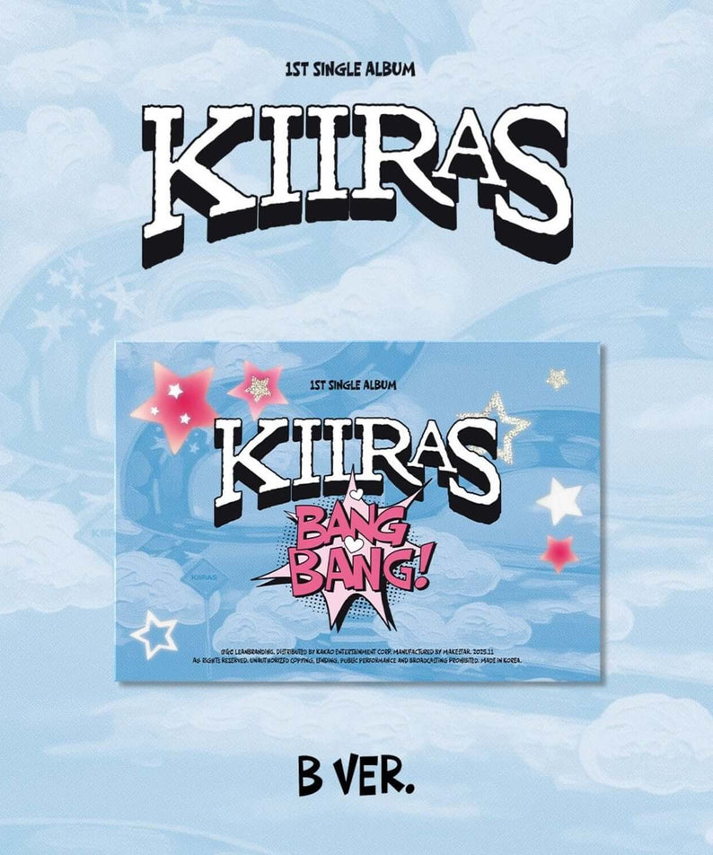 KIIRAS - 1st Album [BANG BANG!] (B Ver.) (POCA) - Album Kpop : pochette KIIRAS sur fond bleu ciel