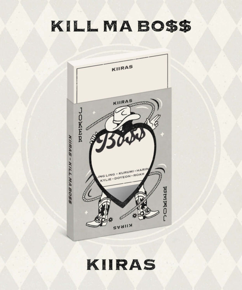 KIIRAS - 1st Album [KILL MA BO$$] (JOKER ver.) - Album Kpop : pochette blanche, packshot du disque sur fond géométrique.