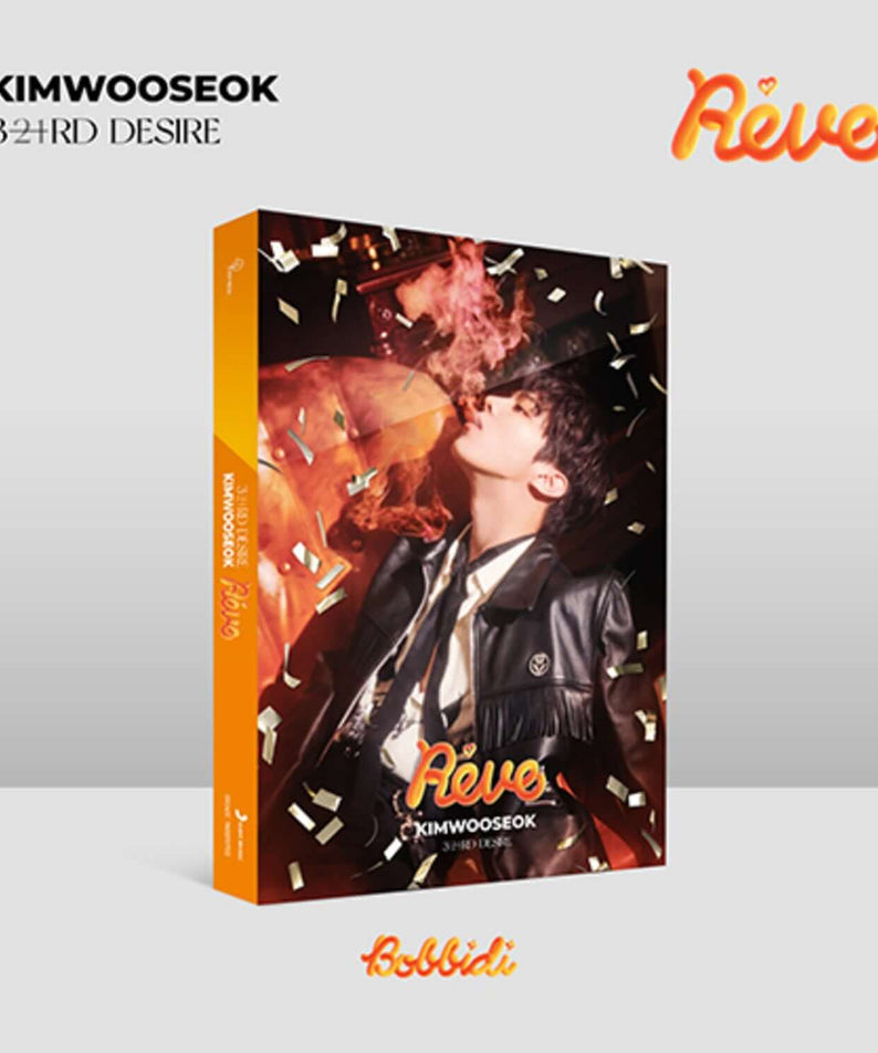 KIM WOOSEOK - 3RD DESIRE [Reve] Bobbidi ver. - Album Kpop, couverture visuelle avec confettis et logo Réve Bobbidi