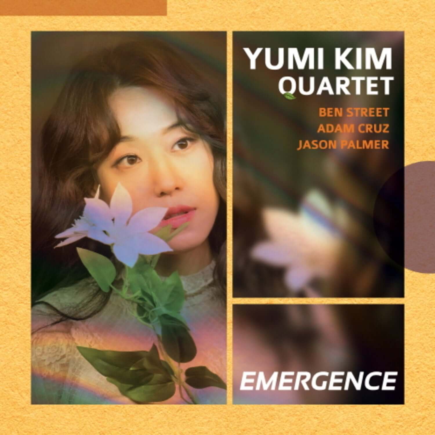 KIM YUMI QUARTET - EMERGENCE - Album Kpop : pochette avec Yumi Kim en gros plan et fleurs, fond jaune chaleureux.