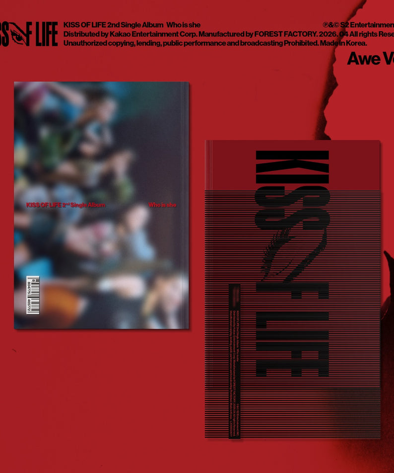 KISS OF LIFE - 2nd Single Album [Who is she] (Awe Ver.) - Album Kpop, visuel rouge avec boîtiers du disque