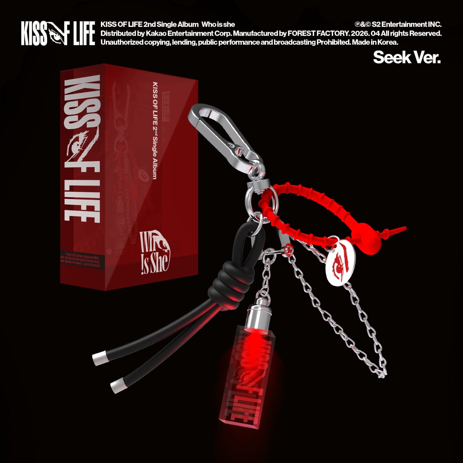 KISS OF LIFE - 2nd Single Album [Who is she] (Seek Ver.) (Limited) : coffret Kpop rouge et accessoire cadenas sur fond noir.
