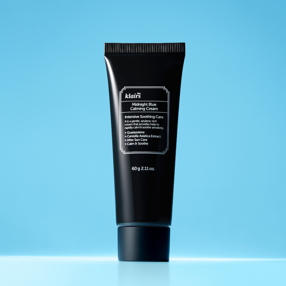 KLAIRS  EGF Midnight Blue Calming Cream 60g, crème apaisante KLAIRS sur fond bleu, présentation produit
