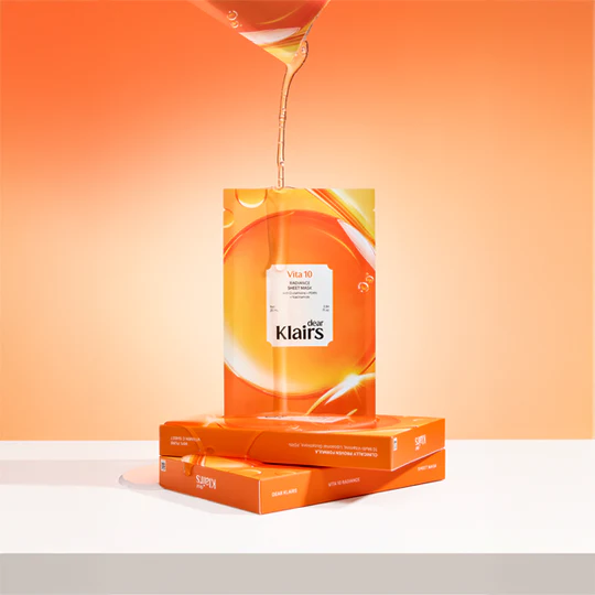 KLAIRS  Vitamin Vitality Sheet Mask 25ml 1sheet : pack orange et feuille de masque sur fond clair, marque KLAIRS.