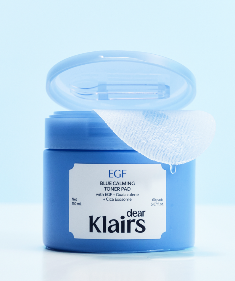 Image of KLAIRS EGF Blue Calming Toner Pads 60 Pads, a soothing skincare product with EGF and guaiazulene. Pot and pad displayed.