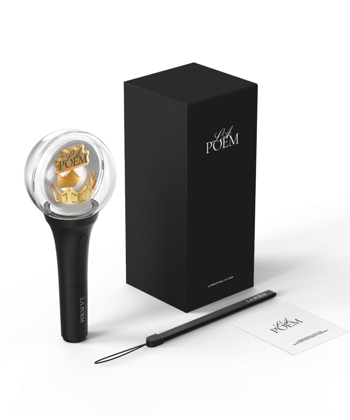 LA POEM Official Lighstick de la marque LA POEM, poignée noire lumineuse, boîte et accessoires sur fond blanc.