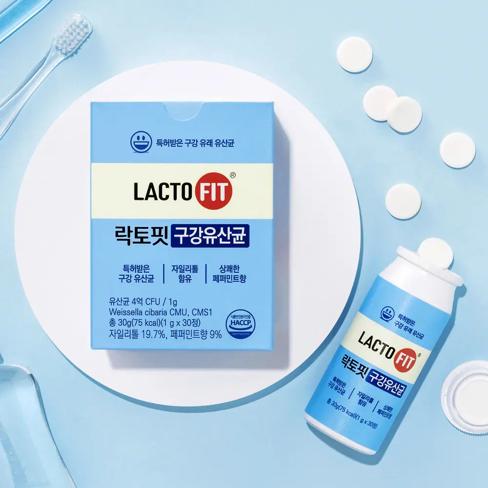 LACTO-FIT Oral Probiotics 30 Tablets (1 Month Supply) : Lacto-Fit en flacon et comprimés sur fond bleu, style médical.