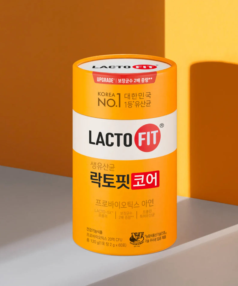 LACTO-FIT Probiotics Core 60 Sticks de la marque LACTO-FIT, photo du packaging sur fond orange.