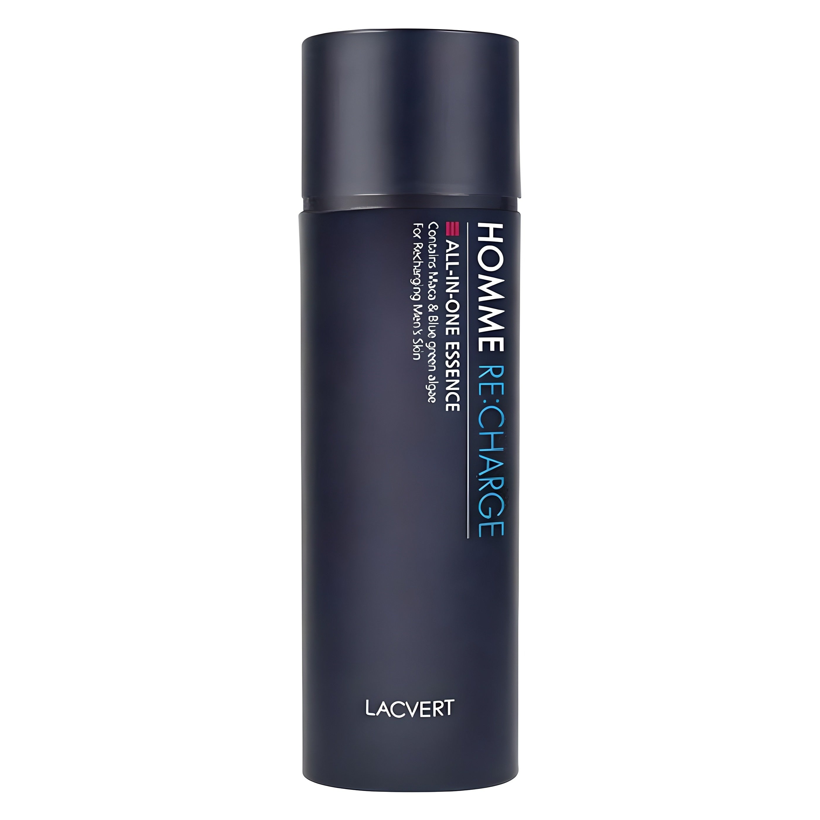 LACVERT  Homme Recharge All-in-One Essence 150ml, flacon noir sur fond blanc, présentation produit en studio.