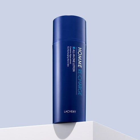 LACVERT Homme Recharge All-in-One Lotion 150ml, flacon bleu sur socle blanc, visuel produit marque LACVERT.