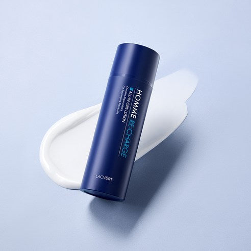 LACVERT Homme Recharge All-in-One Lotion 150ml de la marque LACVERT, flacon bleu sur fond clair, crème appliquée.