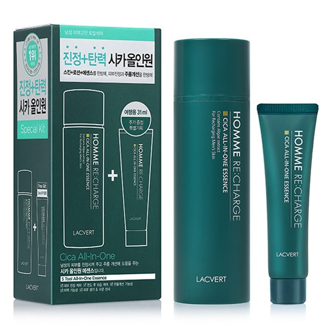 LACVERT  Homme Recharge Cica All-in-One Essence 150ml, flacon et tube teal sur fond blanc, produit homme soin visage