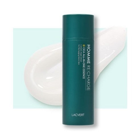 LACVERT  Homme Recharge Cica All-in-One Essence 150ml, flacon vert sur fond clair avec crème Cica.