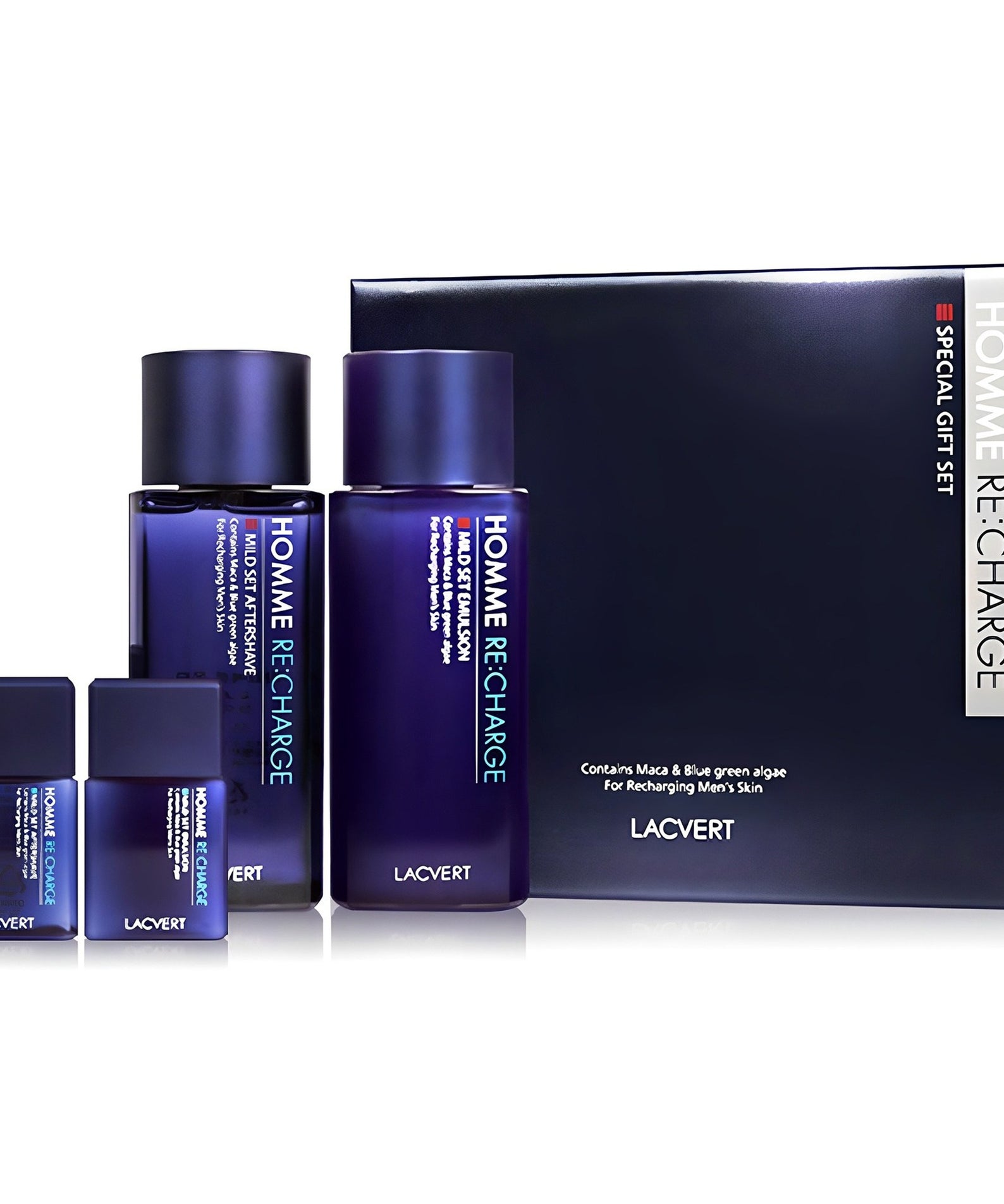 LACVERT  Men's Homme Rechage 2 Pieces Set : coffret et flacons cosmétiques bleus pour homme, fond blanc.