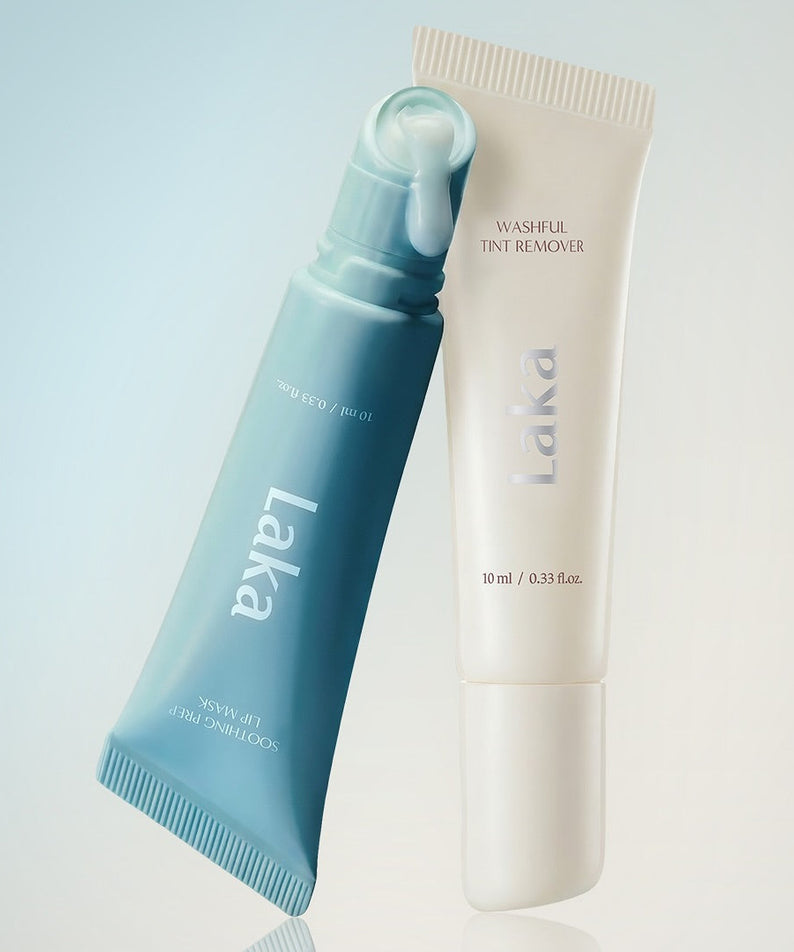 LAKA Soothing Prep Lip Mask 10ml sur fond clair, tube crème LAKA, produit de soin des lèvres en gros plan.