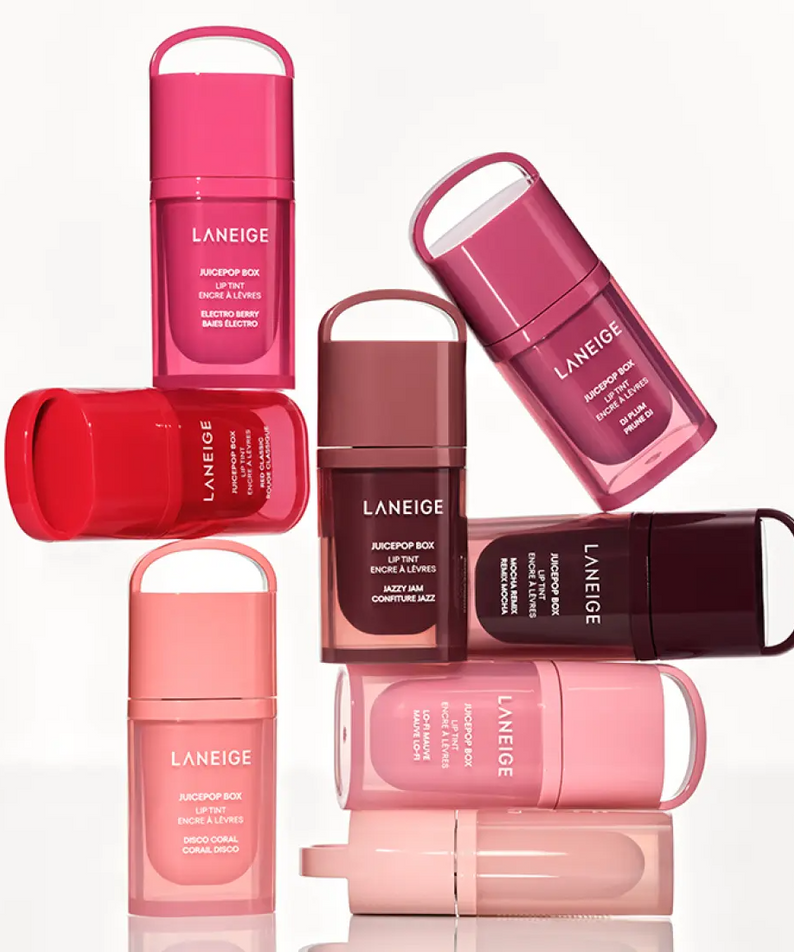 LANEIGE Juice Pop Box Lip Tint 4.5g : pack de baumes déployés, marques LANEIGE, fond clair, vue produit.