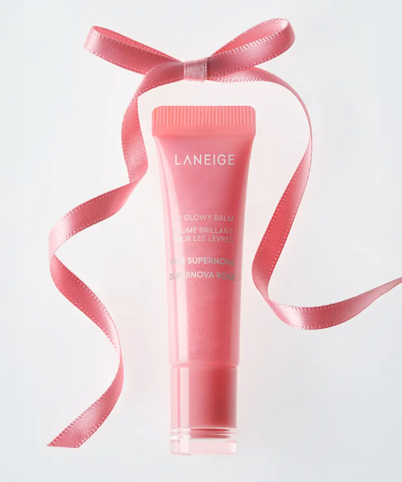 Décris l'image en français en mentionnant le produit, la marque et le contexte visuel : LANEIGE Lip Glowy Balm (Milky Way/Pink Supernova) 10g
