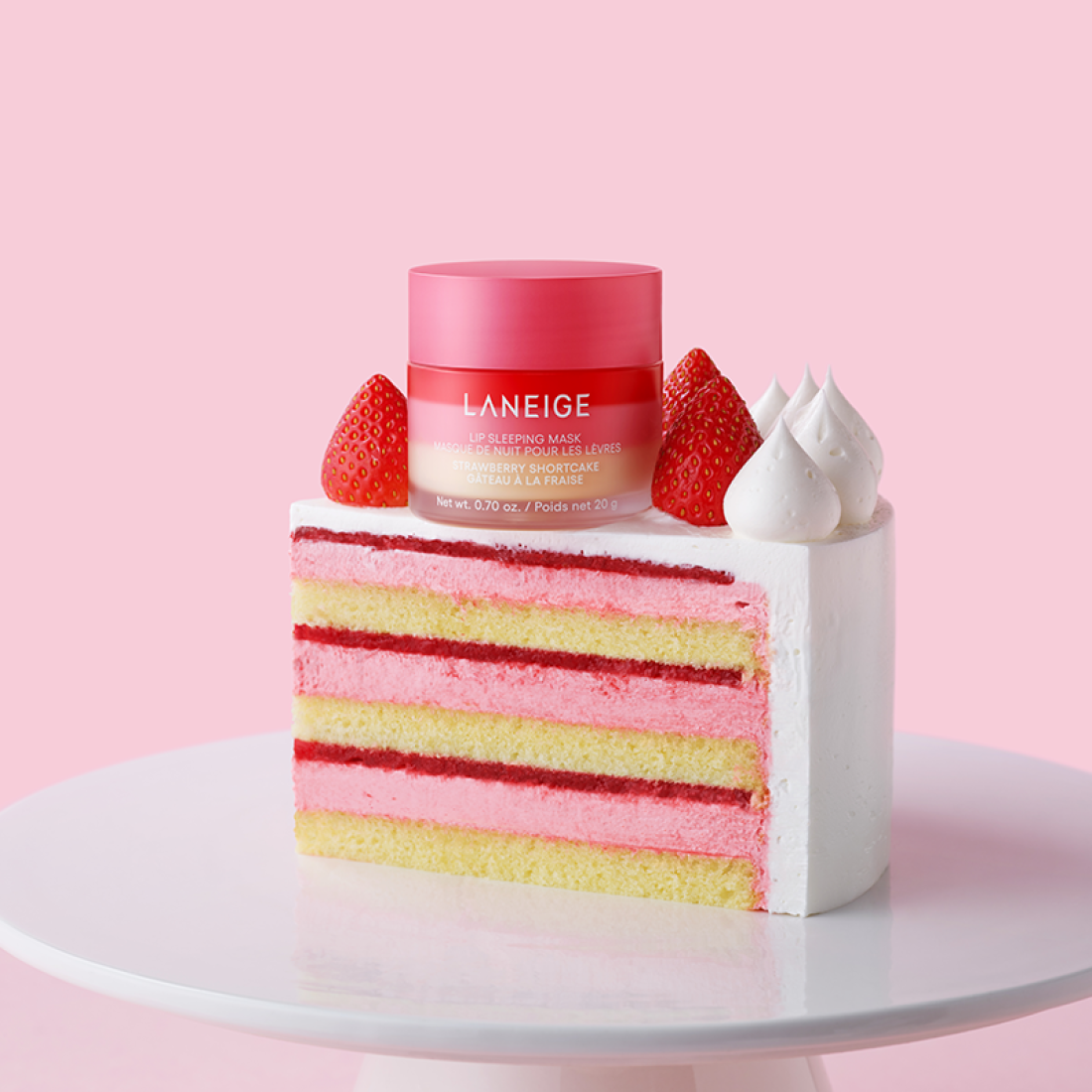 LANEIGE Lip Sleeping Mask EX Strawberry Shortcake 20g : pot et gâteau aux couches, ambiance rose, décor fraise