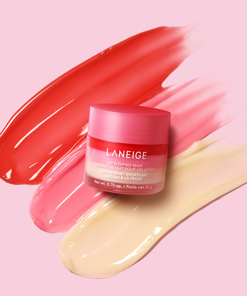 LANEIGE Lip Sleeping Mask EX Strawberry Shortcake 20g, pot et texture sur fond rose, visuel maquillage lèvres