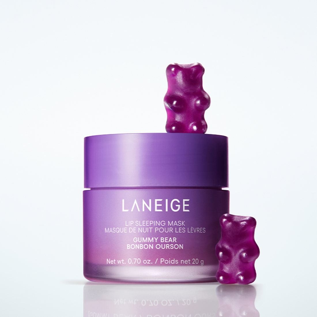 LANEIGE NEW Lip Sleeping Mask 20g, pot violet avec ours en gélatine, marque LANEIGE sur fond clair.
