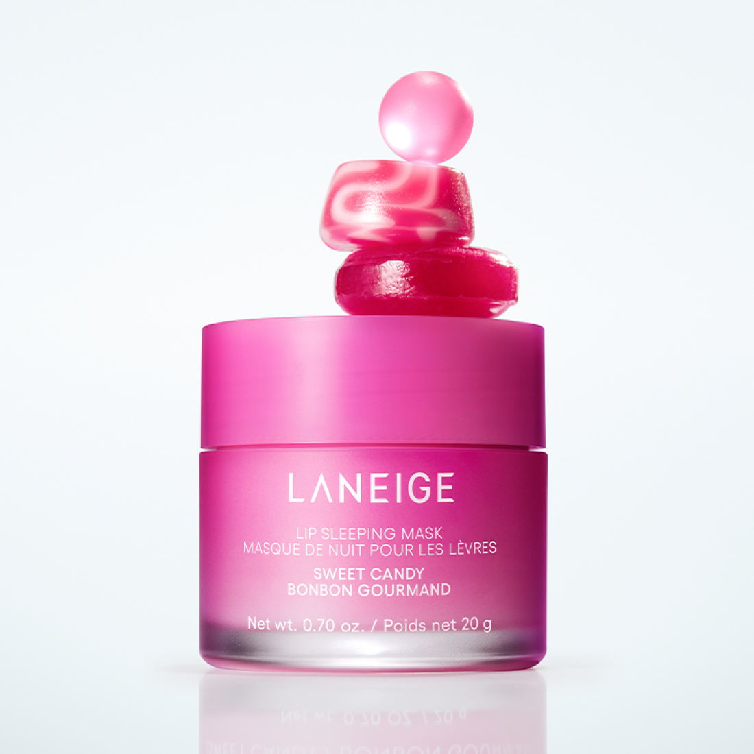 LANEIGE NEW Lip Sleeping Mask 20g, pot rose LANEIGE sur fond clair, style cosmétique, visuel produit.