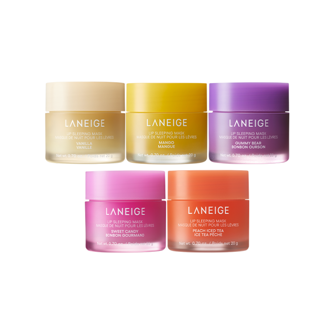 Décris l'image en français : LANEIGE NEW Lip Sleeping Mask 20g de la marque LANEIGE, pots pour les lèvres sur fond noir.