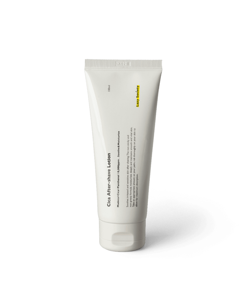 LAZY SOCIETY Cica Aftershave Lotion 100ml en tube blanc, fond noir, marque Lazy Society visible, soin après-rasage.