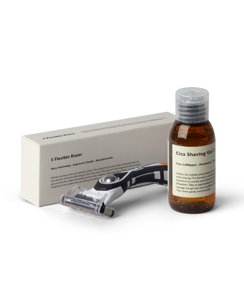 LAZY SOCIETY Experience Lit Set : coffret rasage avec rasoir et gel Cica, sur fond noir, marque LAZY SOCIETY