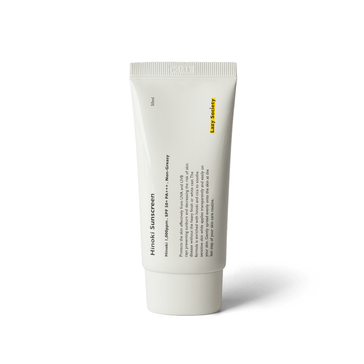 LAZY SOCIETY Hinoki Sunscreen SPPF 50+ PA+++ 50ml, tube crème solaire sur fond noir, marque et contexte produit