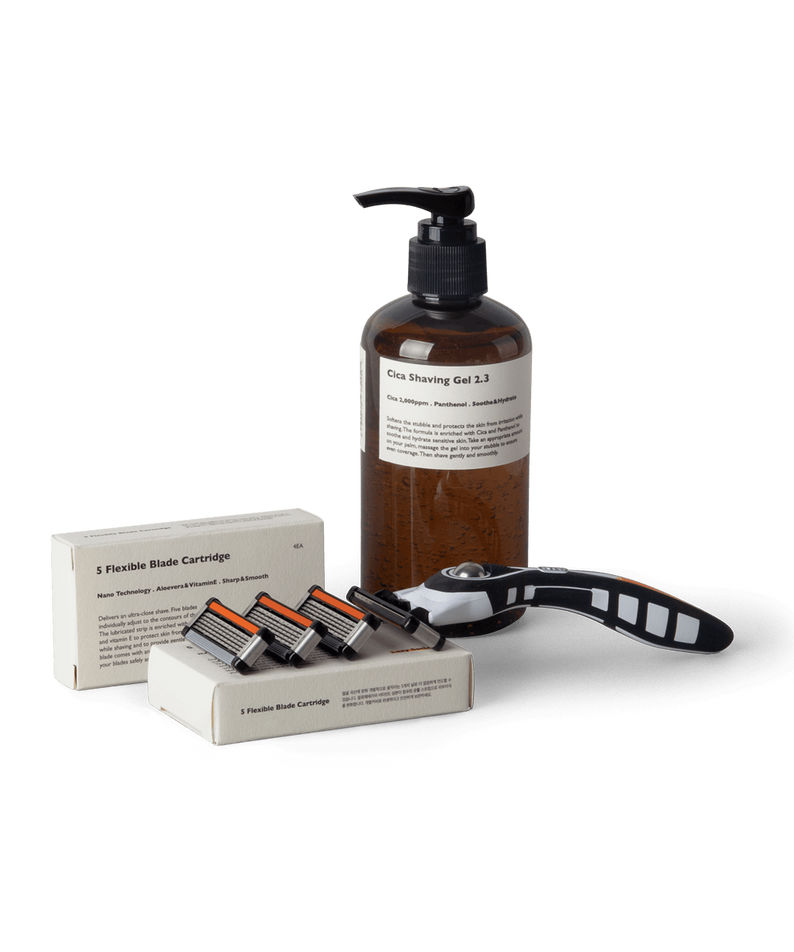 LAZY SOCIETY Shaving Set 8 Pieces, ensemble rasage (rasoir, lames, gel) sur fond noir, marque LAZY SOCIETY